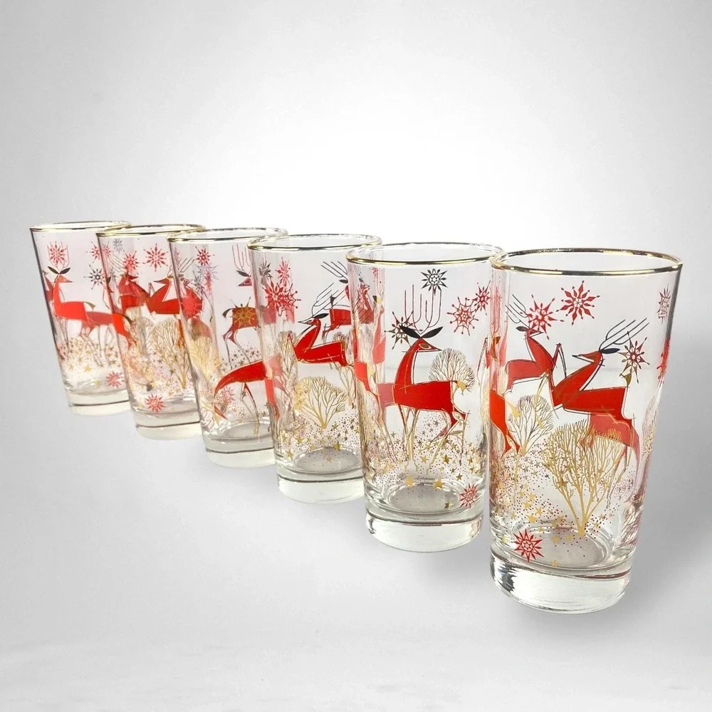 Libbey Mid Century Christmas Deer Highball Glasses SET of 6 with 22k Gold Rim